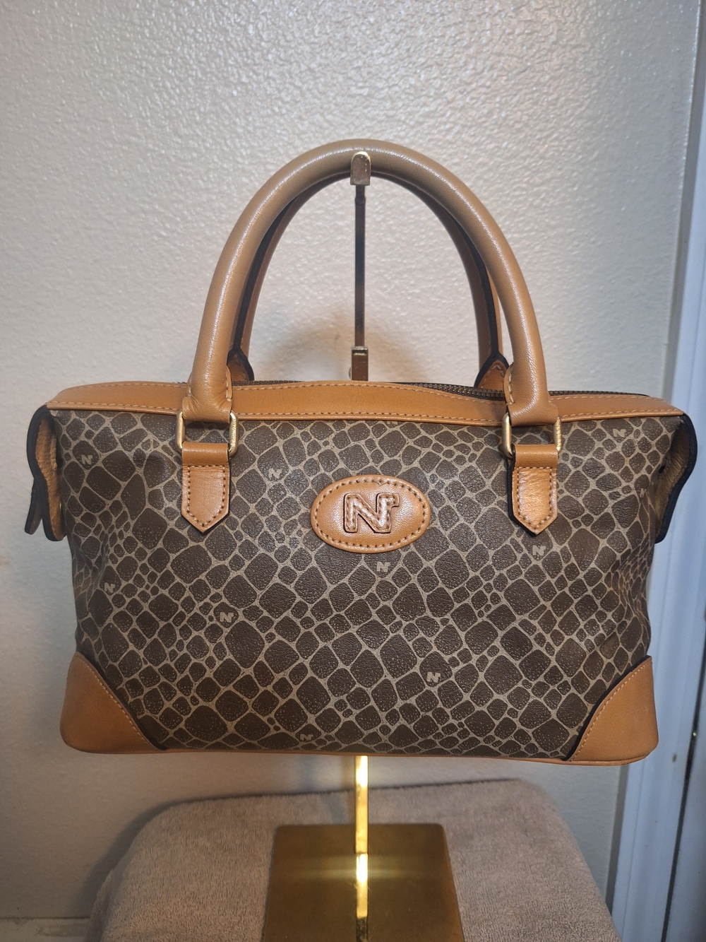 Nina Ricci Brown Patterned Bag Purse Satchel with Tan Trim